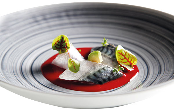 Marinated mackerel in Toscano P.G.I. Extra Virgin Olive Oil, fermented raspberry sauce and avocado pearls and mint 1