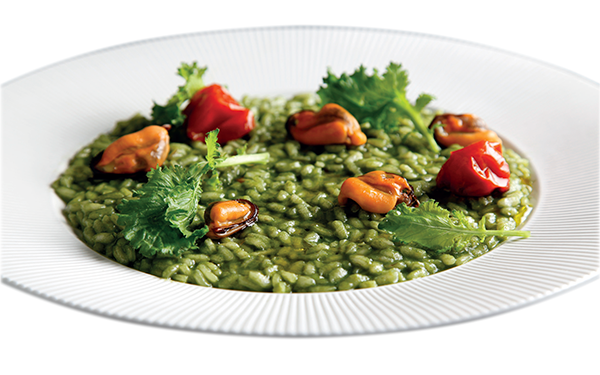 Risotto with turnip tops pesto and Terra di Bari P.D.O. Extra Virgin Olive Oil, mussels and confit cherry tomatoes 1
