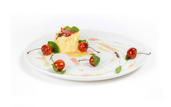 Bavarian cream with Olitalia Monocultivar Taggiasca Extra Virgin Olive Oil and cherries tossed with basil 1