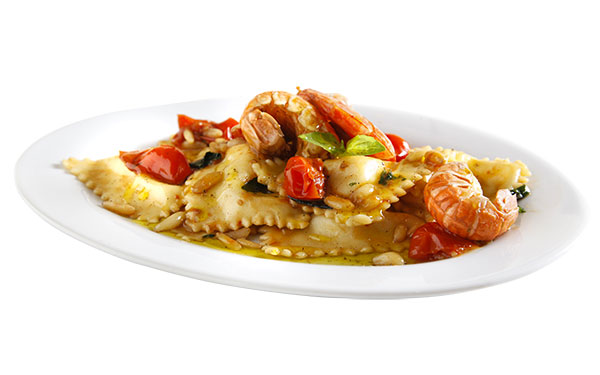 Ravioli ripieni di gamberi con scampi e pomodori Pachino e Olio Extravergine di Oliva Monocultivar Taggiasca 1